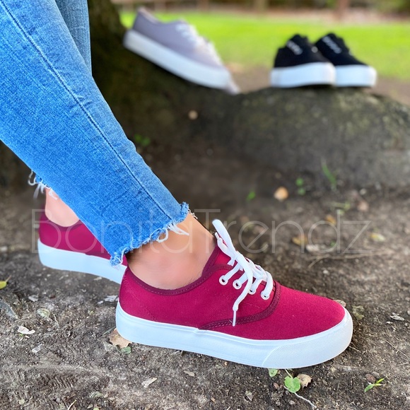 Burgundy Canvas Platform Lace Up Sneakers - Picture 1 of 4
